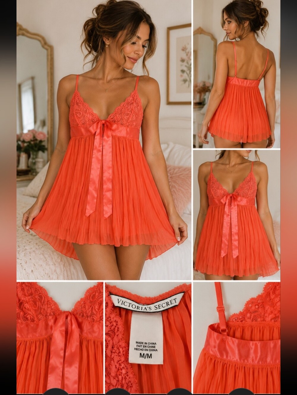 Victoria's Secret Medium Coral Pleated Chiffon Lace Babydoll Chemise Sleepwear M